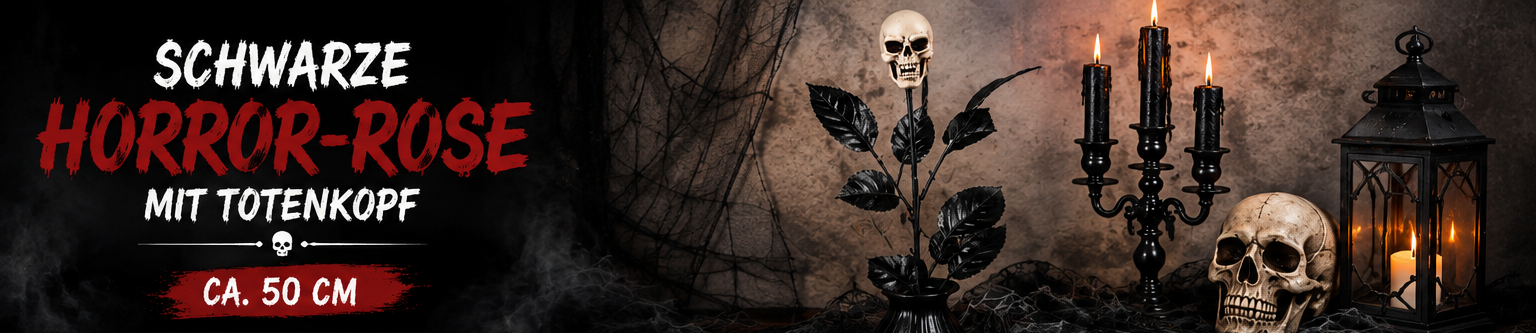 Schwarze Horror-Rose mit Totenkopf ca. 50 cm als Halloween Dekoration